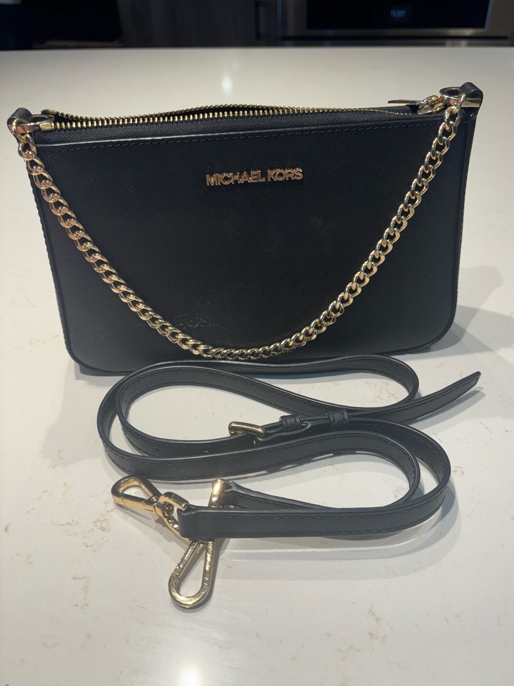 MICHAEL KORS 100% Leather Bag, Black w/ Gold Accents - Picture 8 of 10
